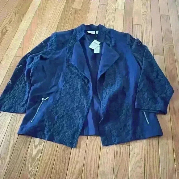 Chico's Women's Moto Jacket Size 2 Blue Open Front Lace Sleeves - Picture 1 of 10